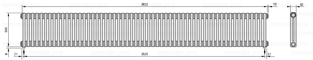 Схема (чертеж) Радиатор Zehnder Charleston 2050/57 №3570 Белый глянцевый RAL 9016